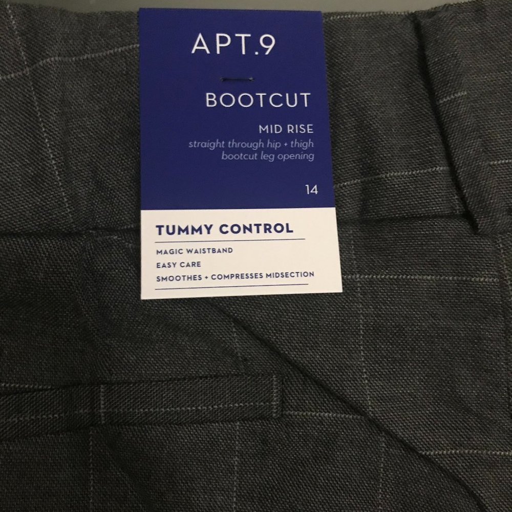 APT 9 Dress Pants Size14 Bootcut Mid Rise Tummy Control Trousers Gray Plaid
